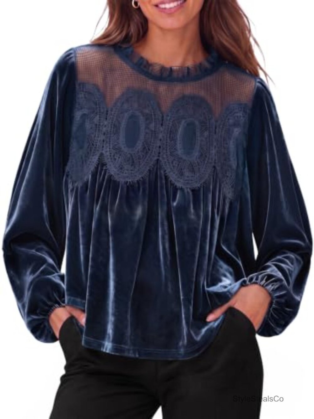 Velvet Puff Sleeve Lace Ruffle Blouse Long Sleeve Pullover